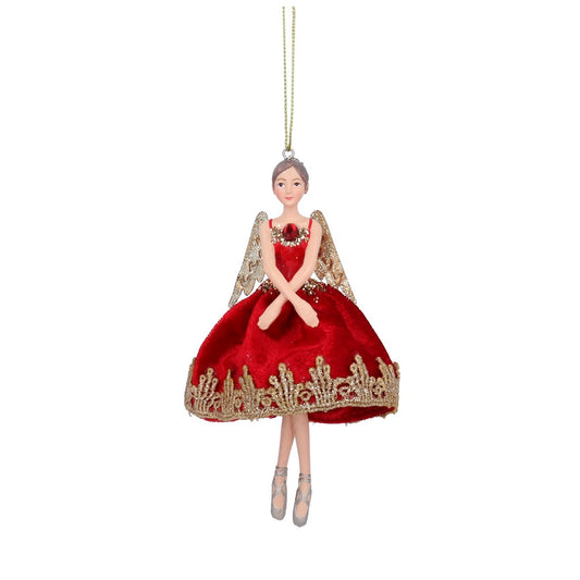 Gisela Graham Red & Gold Fabric Fairy Hanging Decoration - Red Top  Browse our beautiful range of luxury Christmas tree decorations and ornaments for your tree this Christmas.  Add style to your Christmas tree with this elegant Christmas fairy in red fabric dress decorated with gold trim and red stone.