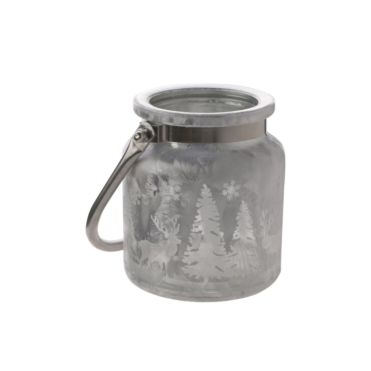 Christmas Frosted Reindeer Forest Scene Lantern with Handle  A frosted reindeer forest scene lantern with handle.  This enchanting lantern glistens with festive charm throughout the Christmas period.