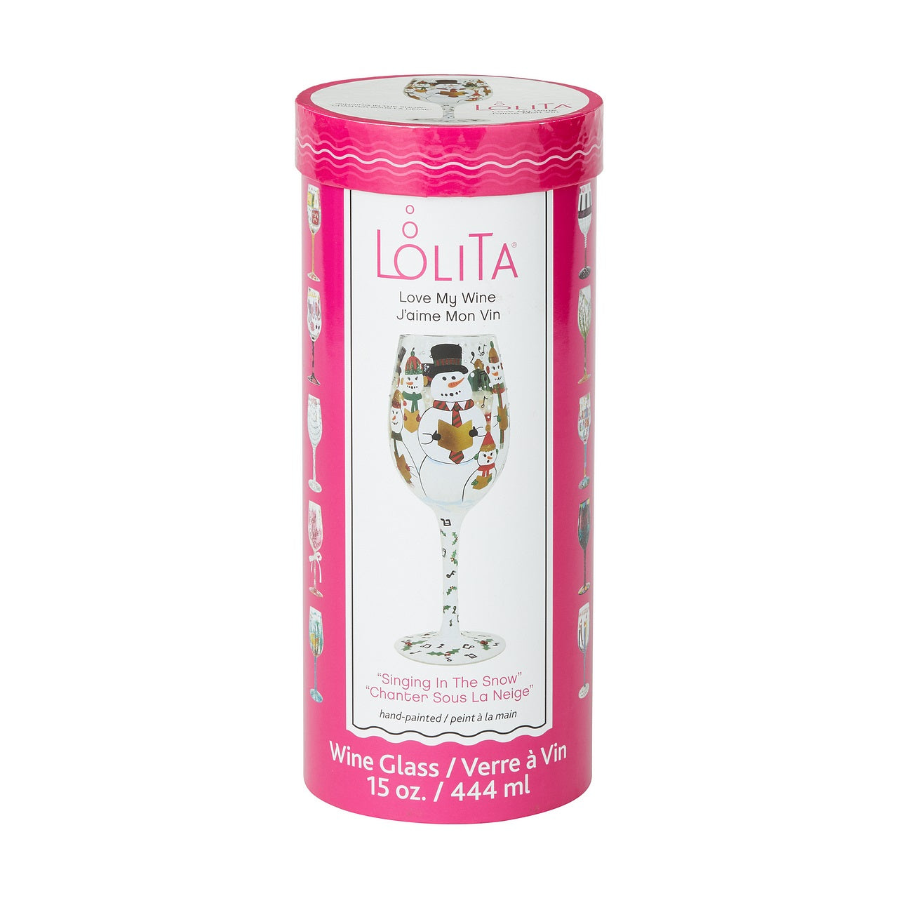 Lolita Singing in the Snow Wine Glass  Lolita glasses combine hand painted accents with sassy messages that help you celebrate any occasion in style. Arrives in a beautiful gift box with Lolita's signature painted under the base of the glass.