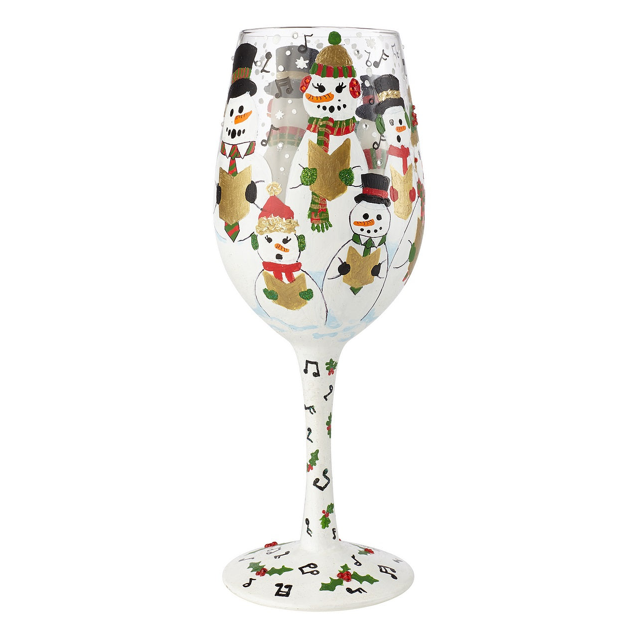 Lolita Singing in the Snow Wine Glass  Lolita glasses combine hand painted accents with sassy messages that help you celebrate any occasion in style. Arrives in a beautiful gift box with Lolita's signature painted under the base of the glass.