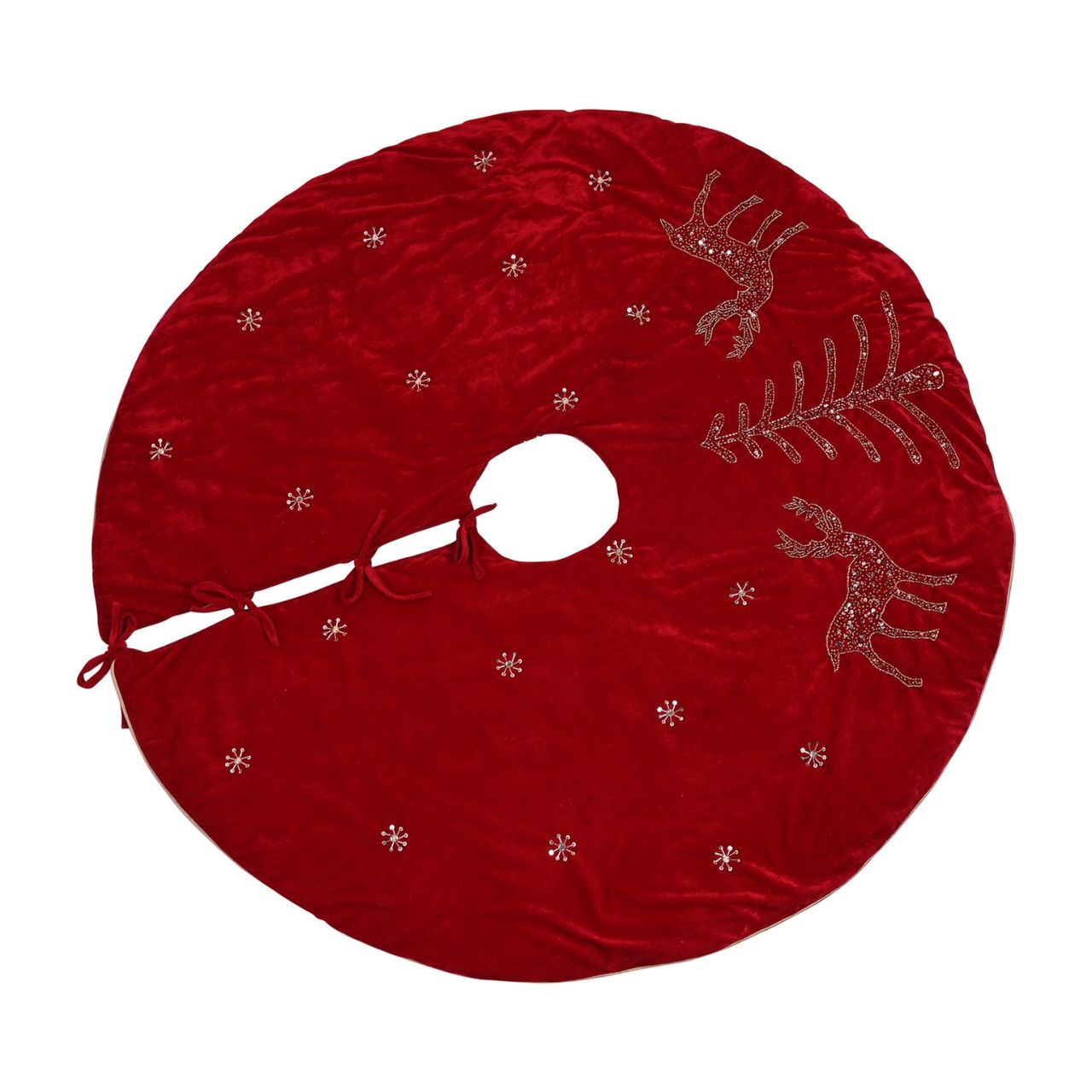 Hand Embellished Luxury Red Christmas Tree Skirt  A hand embellished luxury red tree skirt.  This standout accessory wraps itself around Christmas trees to accentuate its decoration.