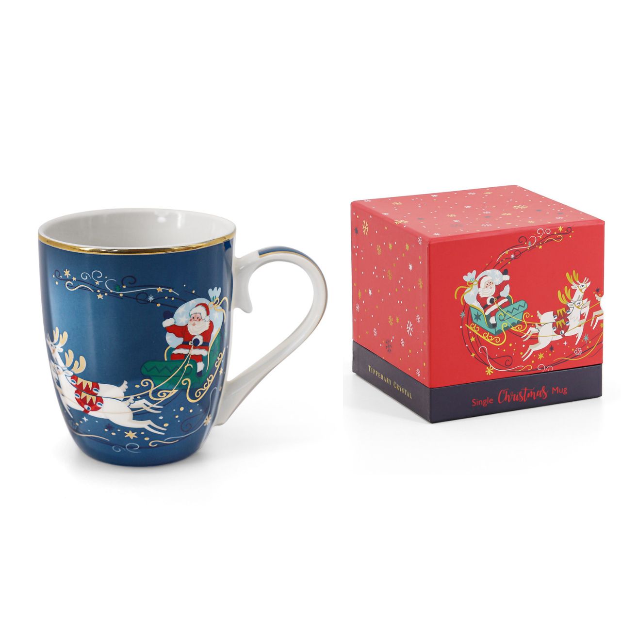 Tipperary Crystal Single Christmas Mug - Santa on Sleigh - NEW 2022  Gather your loved ones for a holiday celebration to remember. Our Christmas Tableware is made to bring festive happiness to lunch, dinner and every meal in between. Tipperary wishes to make these moments even more magical