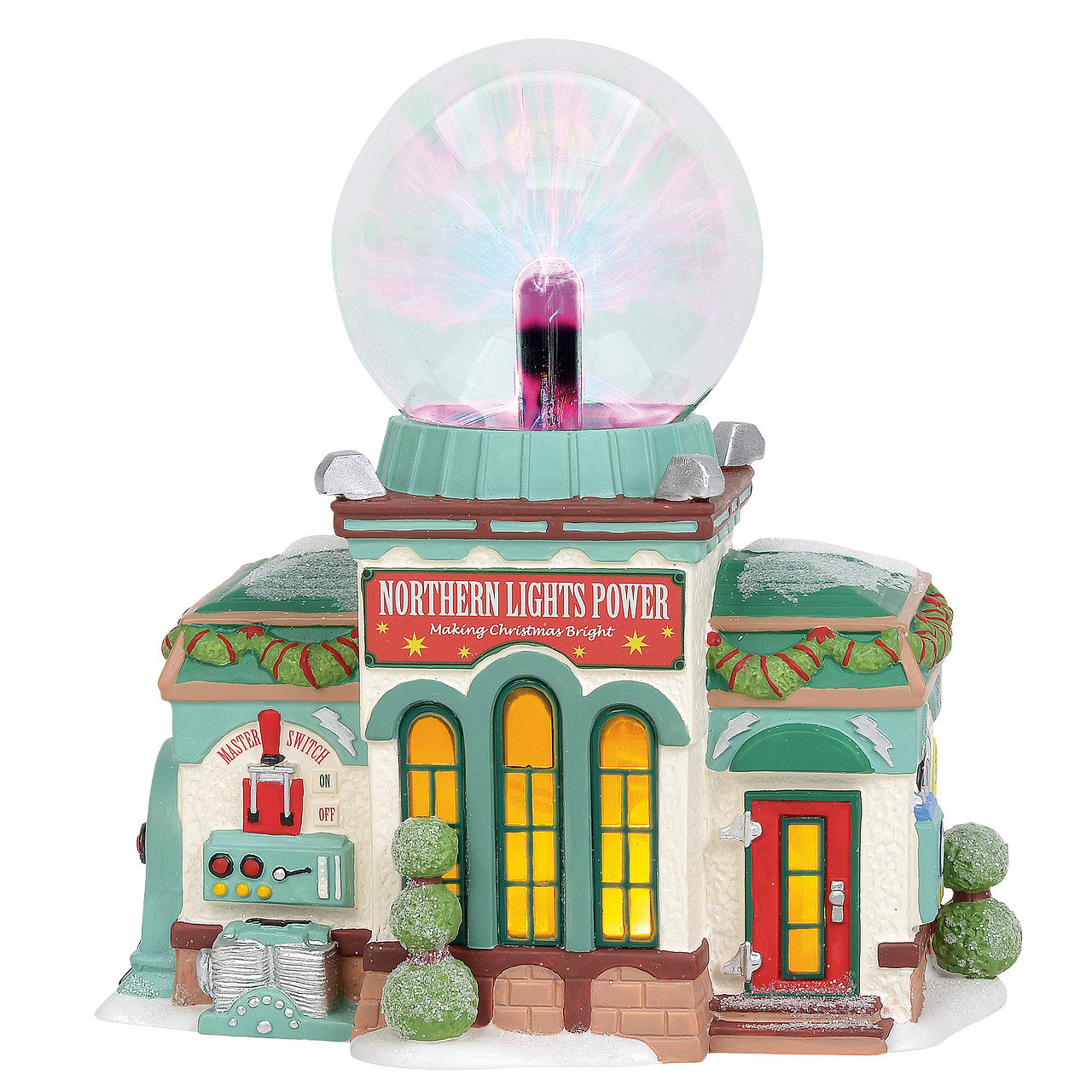 Department 56 North Pole Village Northern Lights Power Lit Building  Running a toy workshop around the clock uses a lot of electricity. Thankfully for Santa, elf scientists have harnessed the power of the Northern Lights into a limitless source of clean energy.