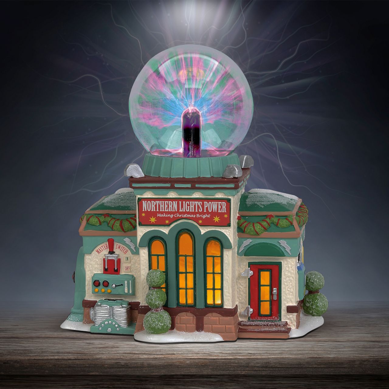 Department 56 North Pole Village Northern Lights Power Lit Building  Running a toy workshop around the clock uses a lot of electricity. Thankfully for Santa, elf scientists have harnessed the power of the Northern Lights into a limitless source of clean energy. Features a plasma globe creating electric light effect. Includes 3-pin plug.