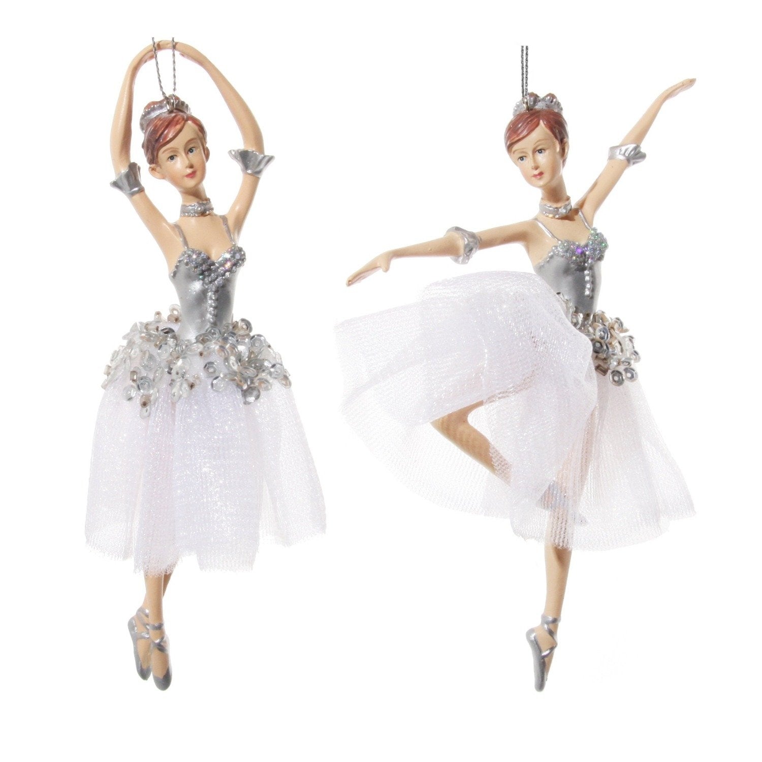 Shishi Christmas Ballerina with Silver Sequin Tutu Hanging Ornament - Arms Up