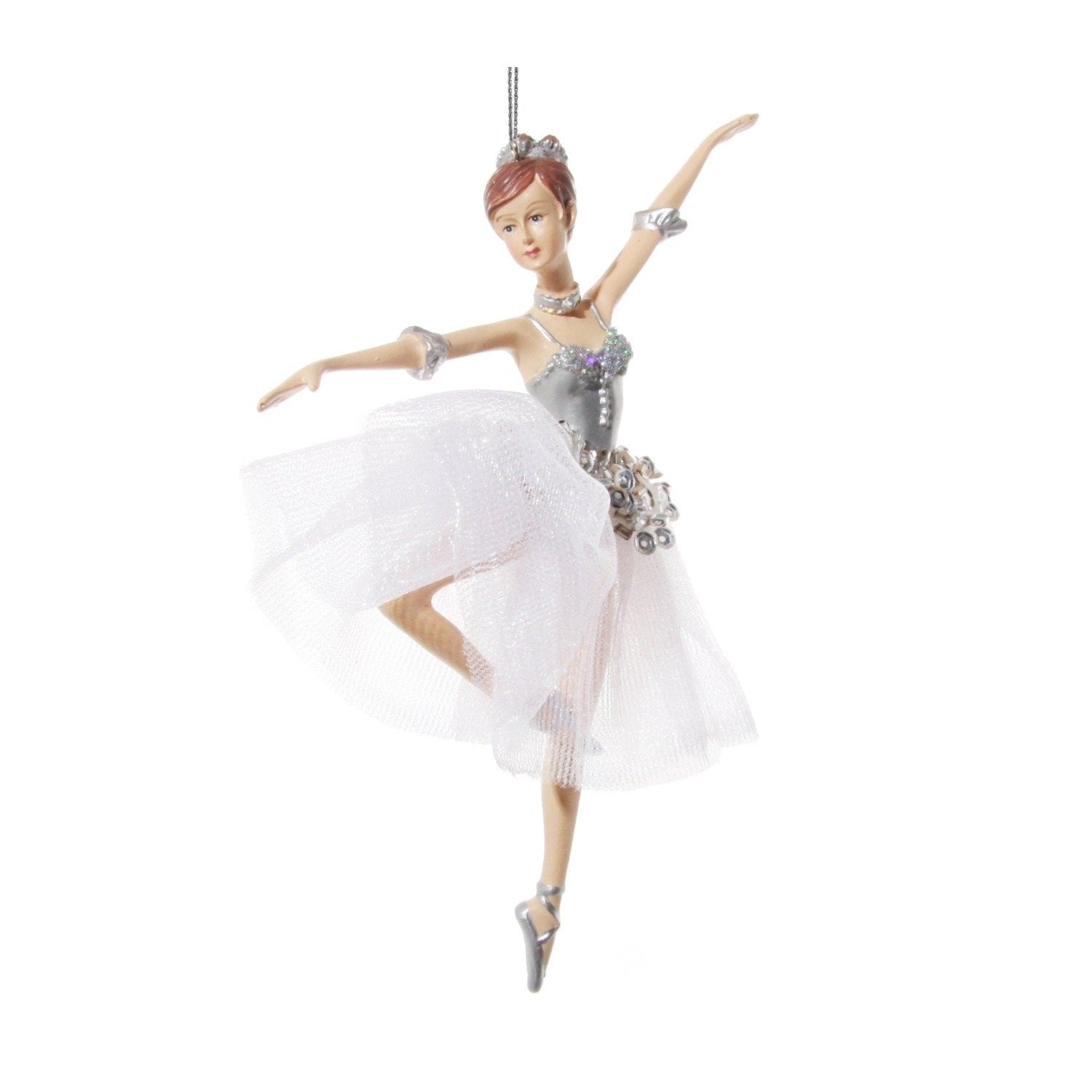 Shishi Christmas Ballerina with Silver Sequin Tutu Hanging Ornament - Arms Out