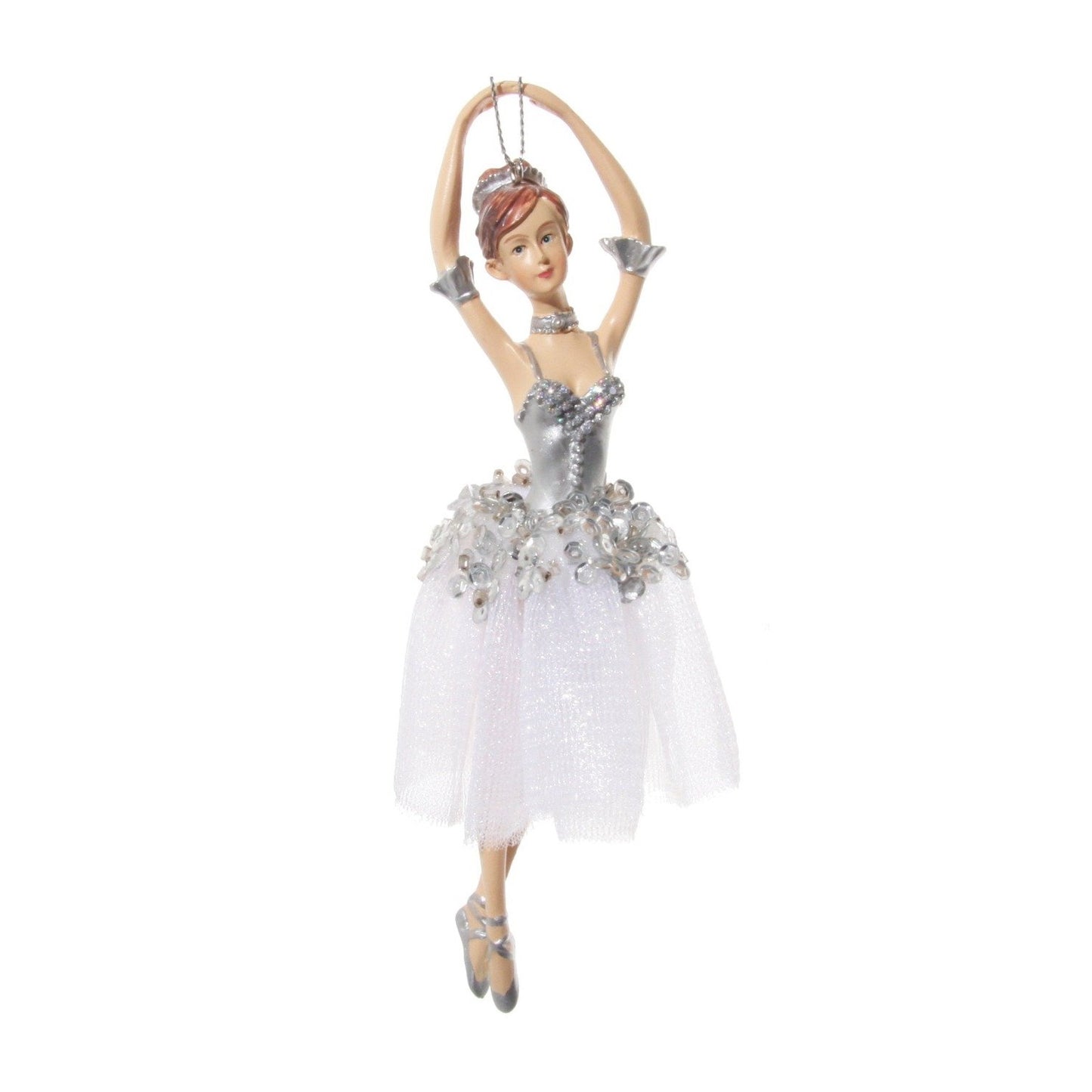 Shishi Christmas Ballerina with Silver Sequin Tutu Hanging Ornament - Arms Up