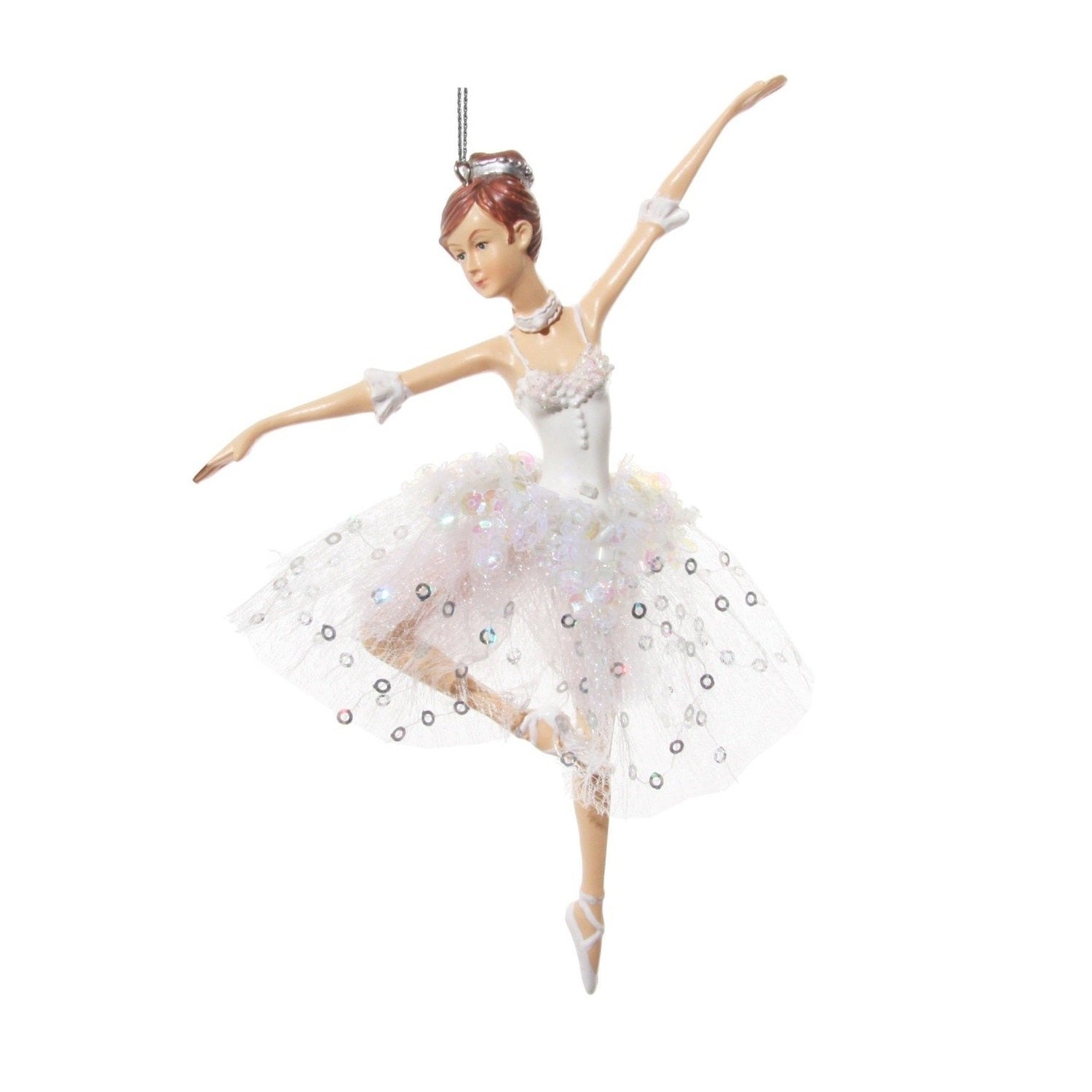 Shishi Christmas Ballerina Silver Sequin Tutu Hanging Ornament - Arms Out