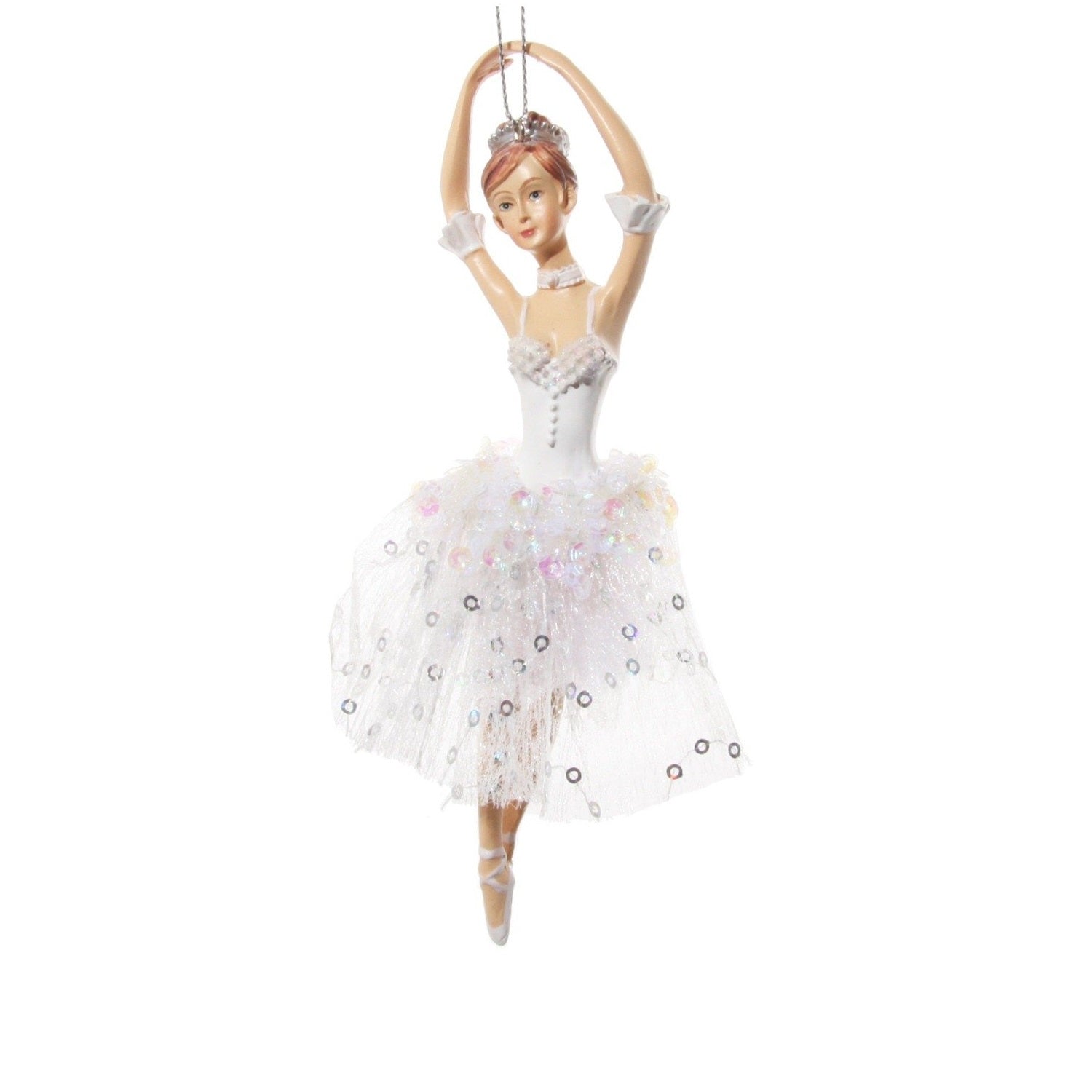 Shishi Christmas Ballerina Silver Sequin Tutu Hanging Ornament - Arms Up