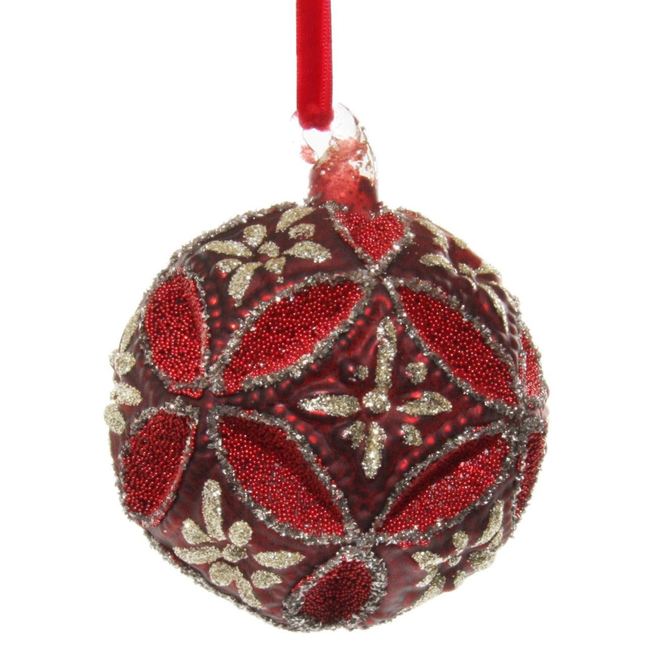Shishi Burgundy Glass Floral Jewel Ball with Silver Glitter Christmas Hanging Ornament