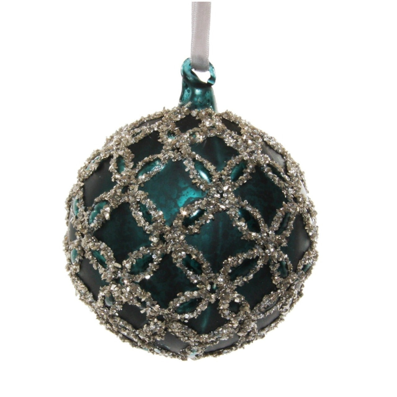 Shishi Red Glass Antique Velvet Ball with Silver Glitter Christmas Hanging Ornament 8 cm