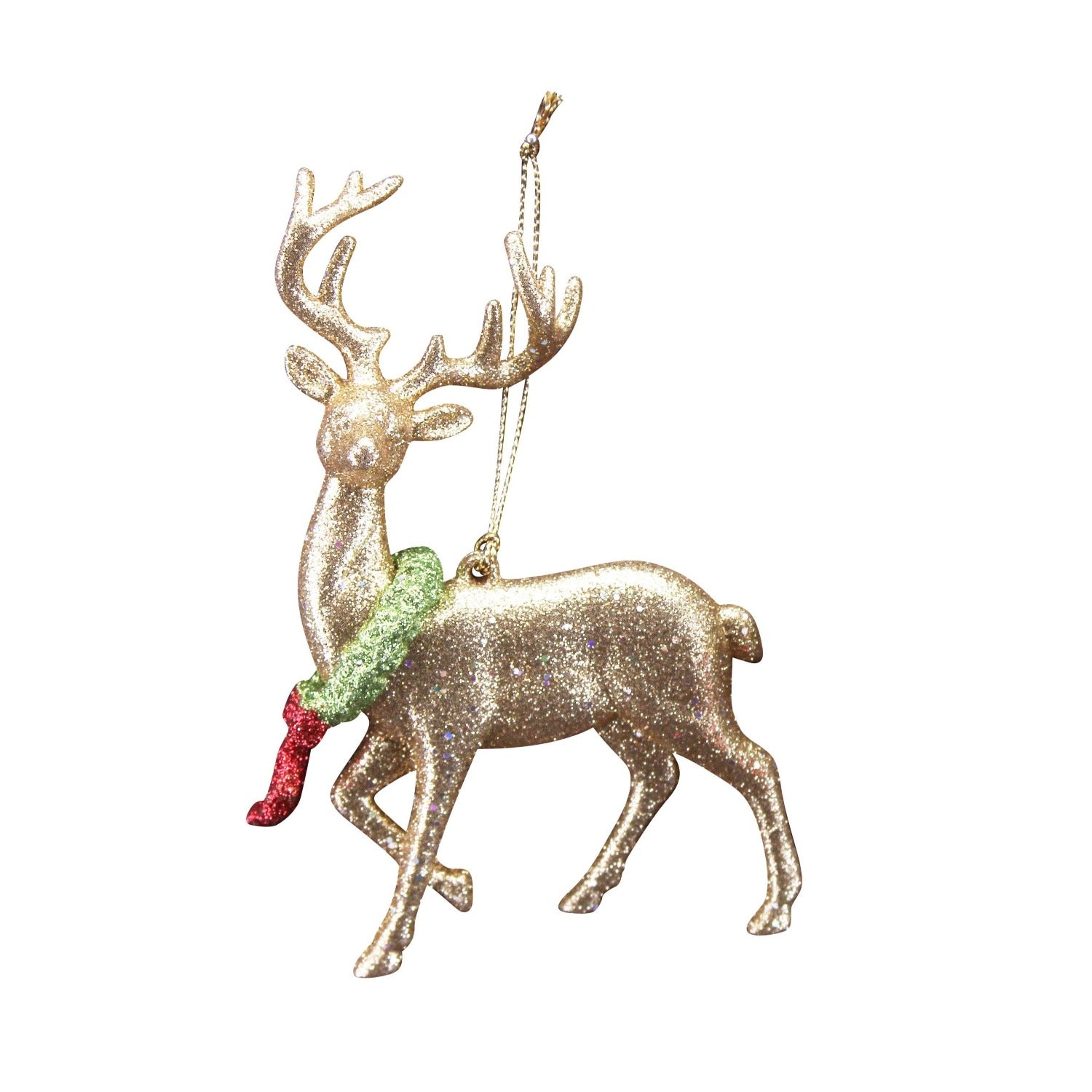 Gisela Graham Gold Glitter Reindeer with Wreath Hanging Ornaments