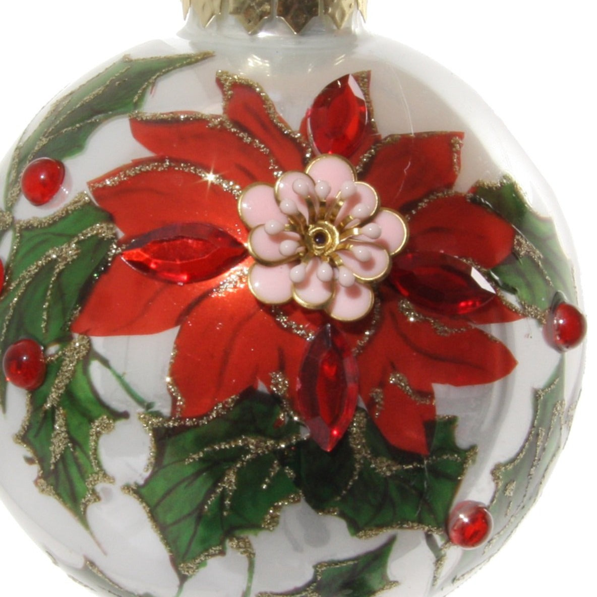 Shishi Green Poinsettia & Holly Glass Bauble Christmas Hanging Ornament