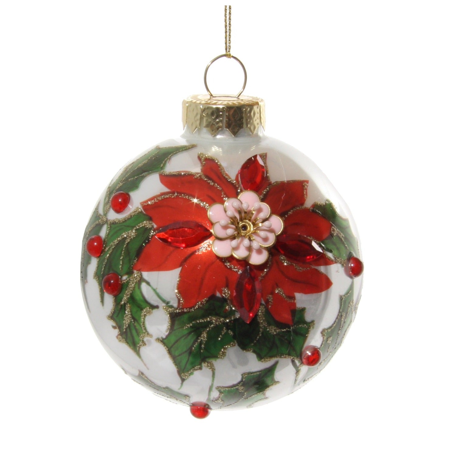 Shishi Green Poinsettia & Holly Glass Bauble Christmas Hanging Ornament