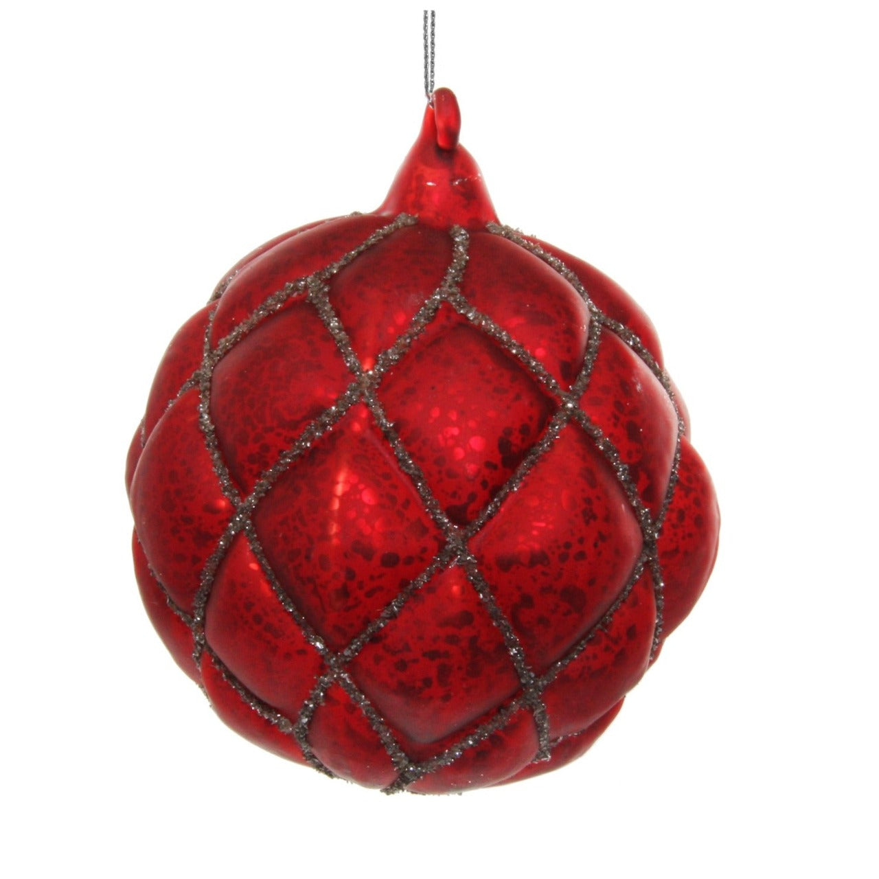 Shishi Red Glass Antique Velvet Ball with Silver Glitter Christmas Hanging Ornament
