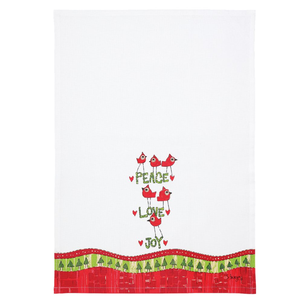 Red Birds Tea Towel  Painted Peace. Designed by Stephanie Burgess, each colourful piece in the collection has been designed to create feelings of peace and love in your home.