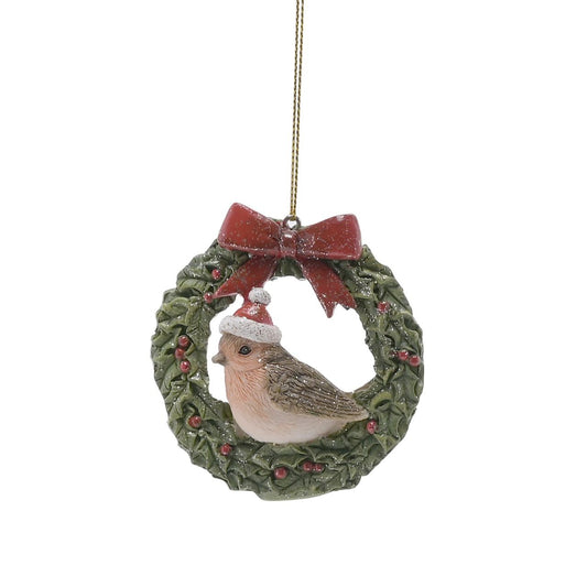 Robin Wreath Christmas Hanging Decoration  A Robin in wreath Christmas decoration.  This standout decoration takes centre stage when displayed on the Christmas tree.