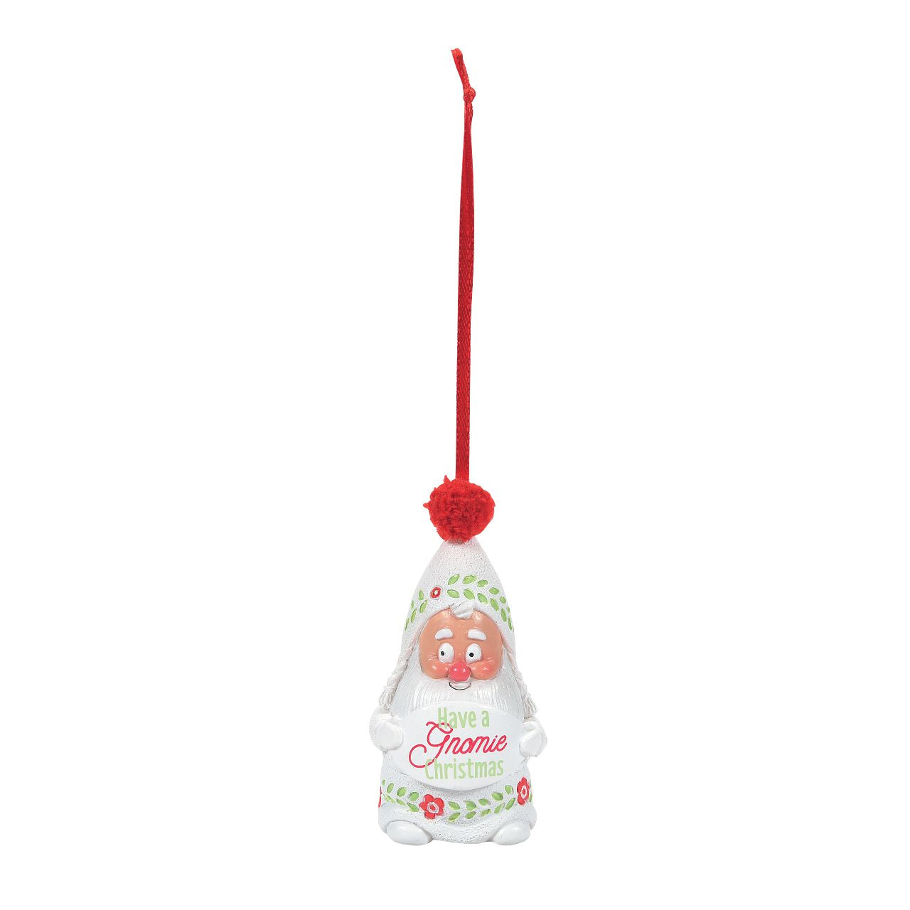 Department 56 Snowpinions Snow Gnome Have a Gnomie Christmas Hanging Ornament  Upon a festive red ribbon, this Snow Gnome is perfect for any Christmas tree. Hand crafted from high quality cast stone, hand painted by our talented artists and topped with a real pom pom. Spread the holiday cheer - Have a Gnomie Christmas.