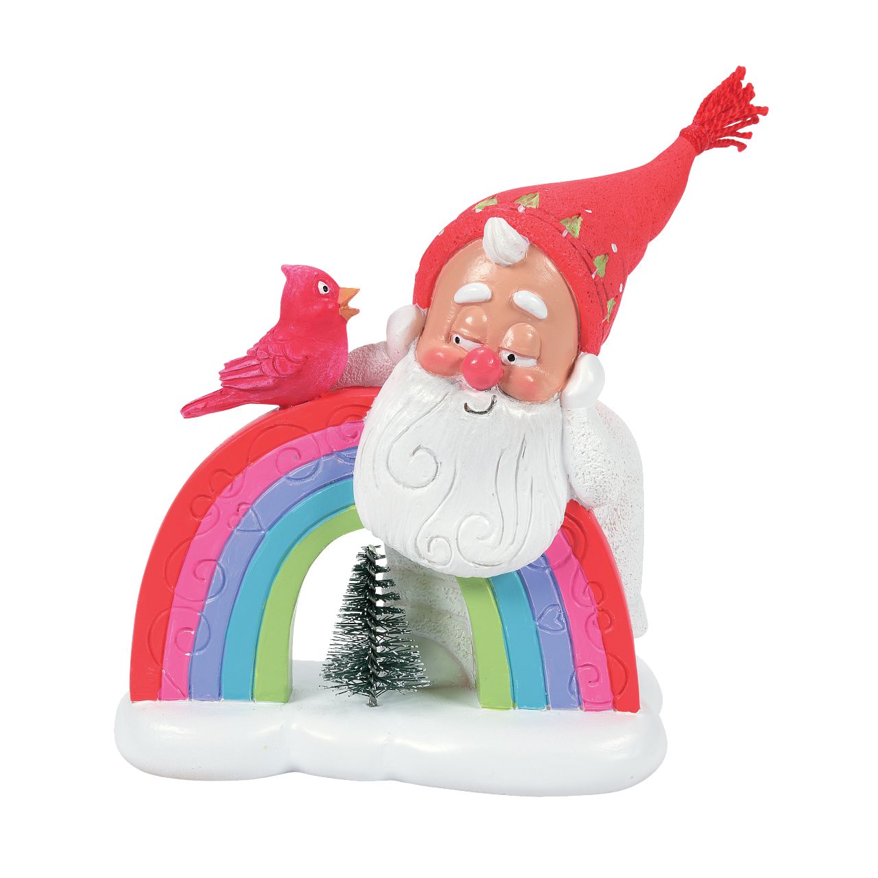 Department 56 Snowpinions Christmas Snow Gnome With Rainbow  This cute Snow Gnome with Rainbow. Hand crafted from high quality cast stone, they have been hand painted by our in-house artists to ensure a high level of detail. This Snow Gnome even has a real tassel atop his pink hat. This is the perfect festive gift or accessory.