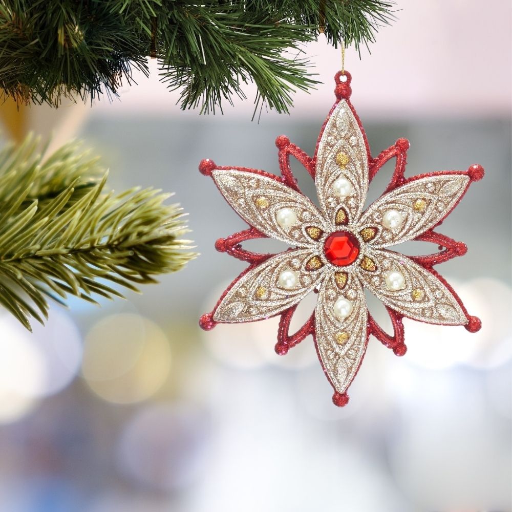Kurt S Adler Christmas Snowflake Ornament - Platinum & Ruby  Kurt S Adler surprises Christmas lovers all over the world with thousands of new innovative items each year. They specialises in beautifully detailed Christmas Ornaments and holiday seasonal decor. The catchy collections are contemporary, attractive and of high quality.
