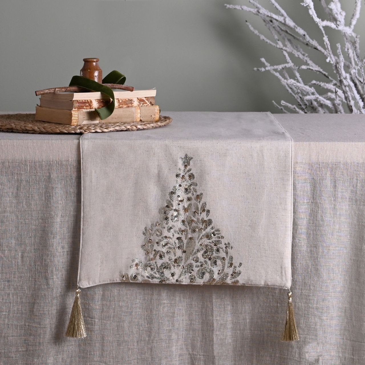 Natural Table Runner with Gold Christmas Tree Design  A natural table runner with gold Christmas tree.  This delightful table runner will enhance dining tables throughout the festive period.