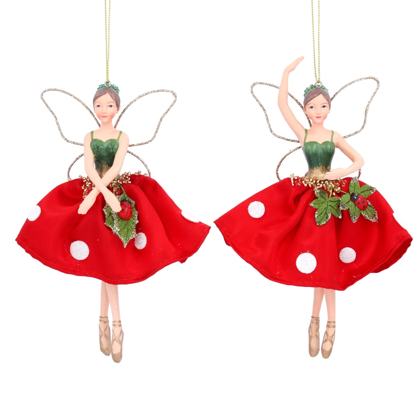 Gisela Graham Toadstool Fairy Hanging Christmas Ornament- Arm Raised  Browse our beautiful range of luxury Christmas tree decorations, fairy & ornaments for your tree this Christmas.