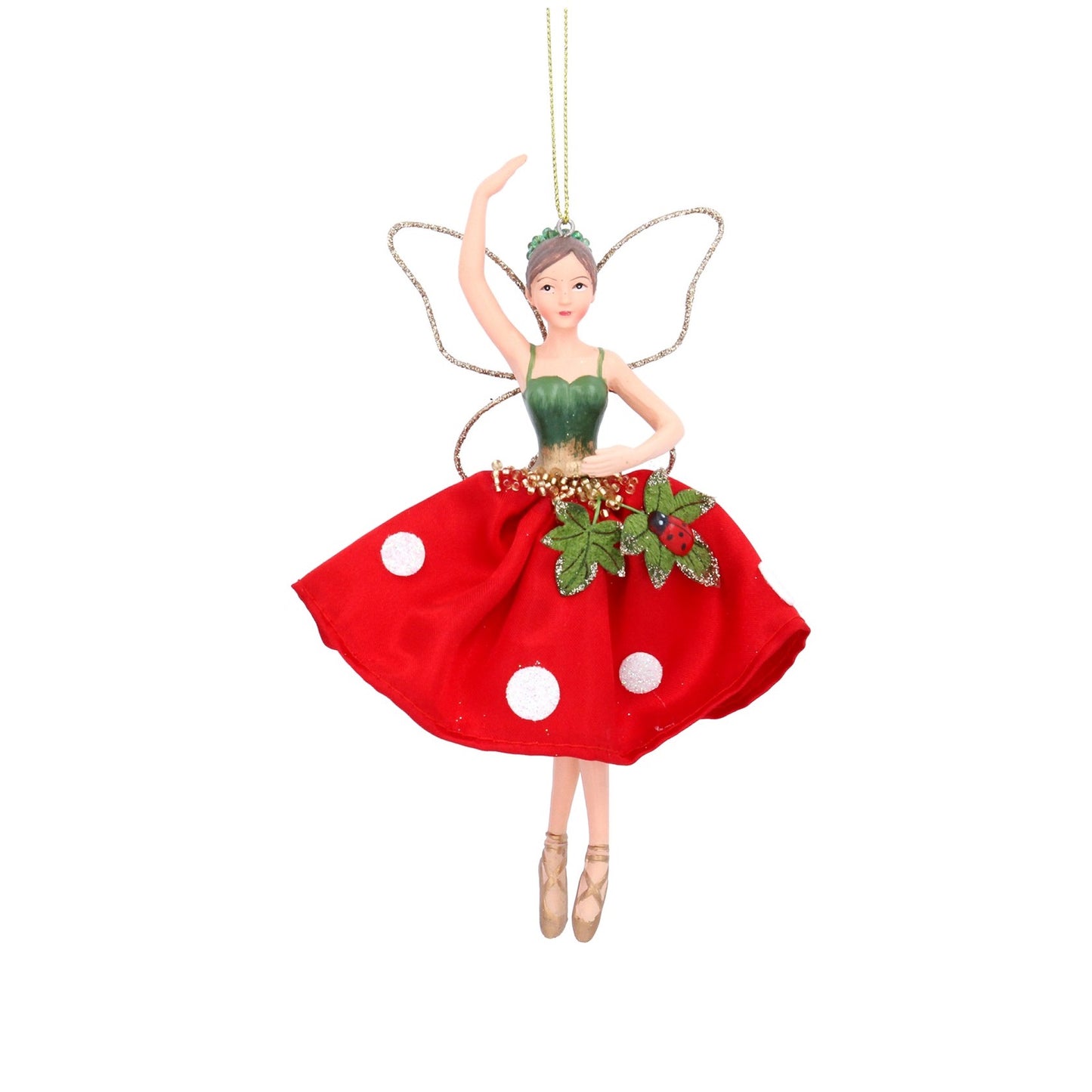 Gisela Graham Toadstool Fairy Hanging Christmas Ornament- Arm Raised  Browse our beautiful range of luxury Christmas tree decorations, fairy & ornaments for your tree this Christmas.