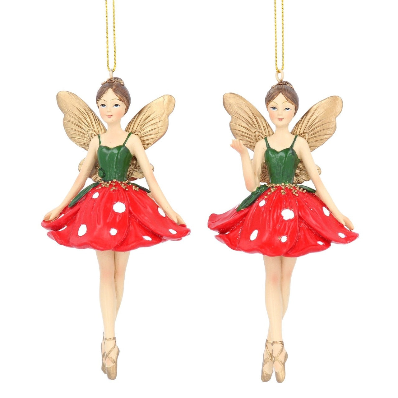 Gisela Graham Toadstool Resin Fairy Hanging Christmas Ornament- Arm Raised  Browse our beautiful range of luxury Christmas tree decorations, fairy & ornaments for your tree this Christmas.