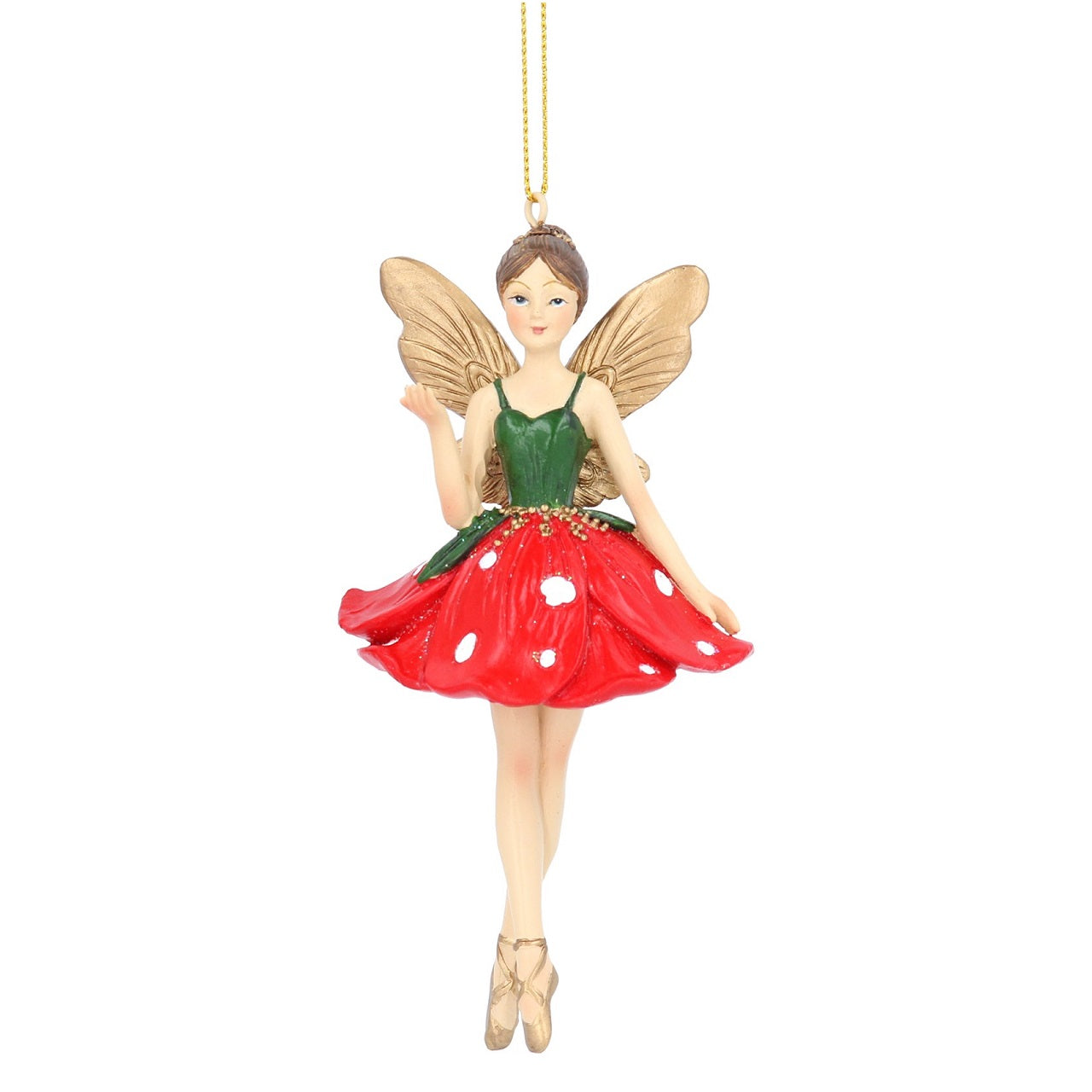 Gisela Graham Toadstool Resin Fairy Hanging Christmas Ornament- Arm Raised  Browse our beautiful range of luxury Christmas tree decorations, fairy & ornaments for your tree this Christmas.