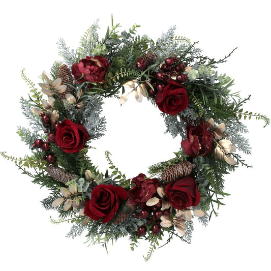 Gisela Graham Christmas Wreath Green Gold Fir with Red Roses  A beautiful Christmas fir wreath of snowy berries and leaves