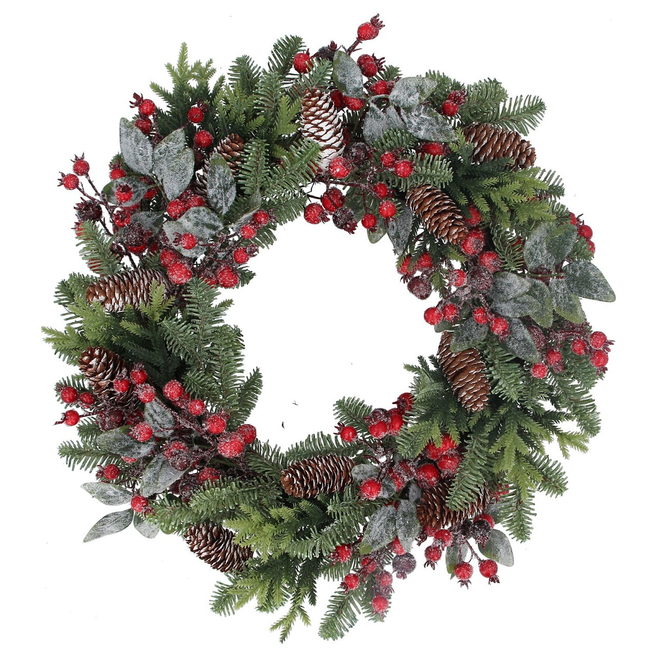 Gisela Graham Christmas Wreath Mixed Fir Cones & Red Berry  A beautiful Christmas fir wreath of snowy cones berries and leaves