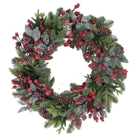 Gisela Graham Christmas Wreath Mixed Fir Cones & Red Berry  A beautiful Christmas fir wreath of snowy cones berries and leaves