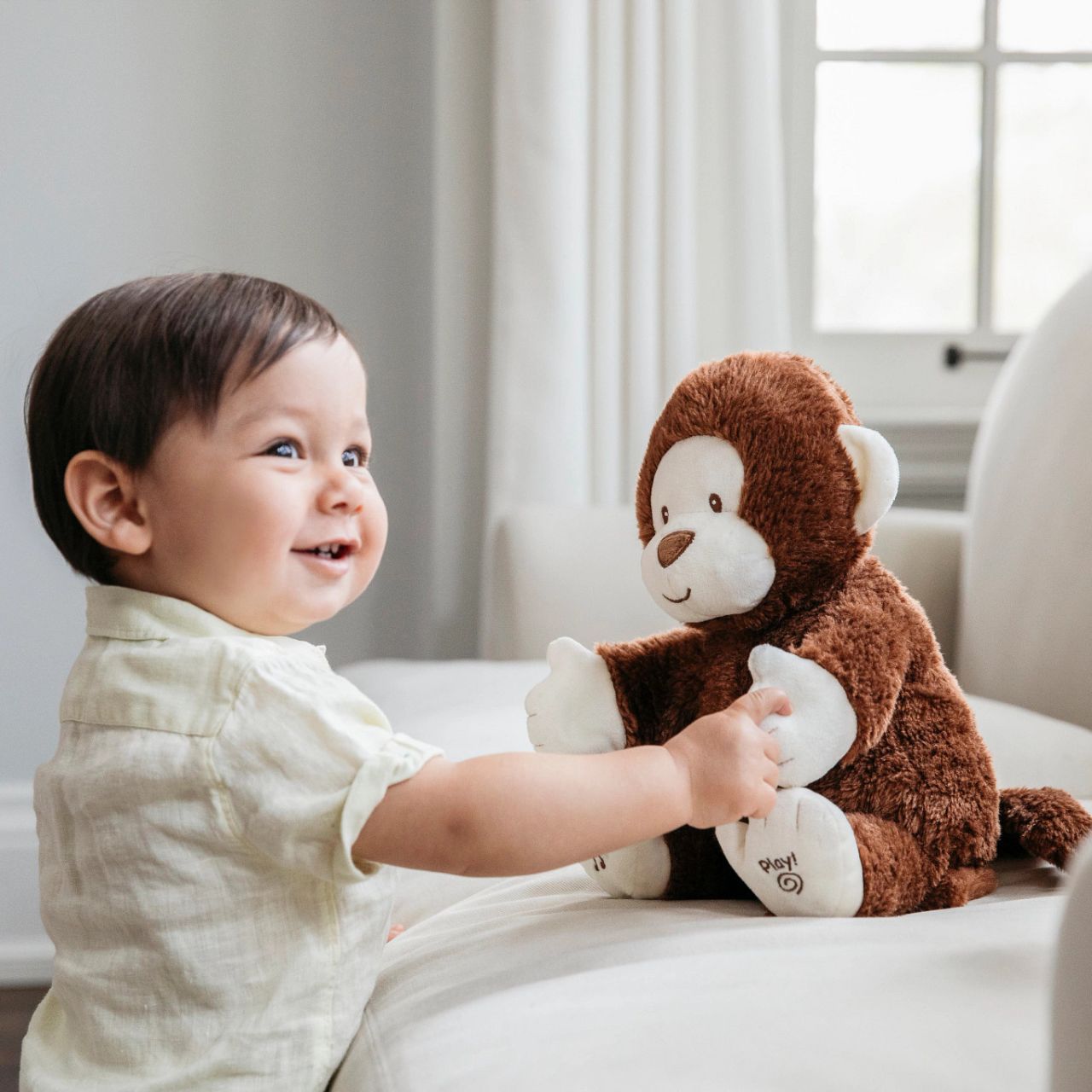 GUND Clappy The Animated Monkey  Hello, baby, Clappy is an enthusiastic monkey with two different play modes. Press the left foot to play an interactive clapping game, and the right to hear the song "If You're Happy and You Know It" in a cute child's voice.