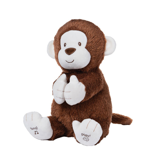 GUND Clappy The Animated Monkey  Hello, baby, Clappy is an enthusiastic monkey with two different play modes. Press the left foot to play an interactive clapping game, and the right to hear the song "If You're Happy and You Know It" in a cute child's voice.