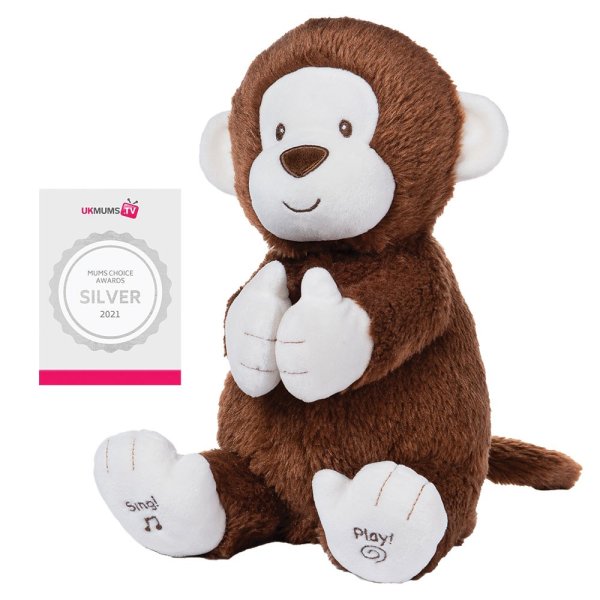 Clappy The Animated Monkey  Hello, baby, Clappy is an enthusiastic monkey with two different play modes. Press the left foot to play an interactive clapping game, and the right to hear the song "If You're Happy and You Know It" in a cute child's voice.