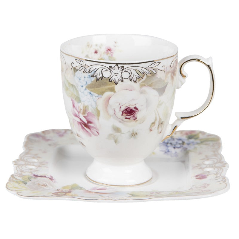 Clayre & Eef Classic Cup and Saucer White & Flowers  White Porcelain Flowers Round Tableware Set Coffee or Tea