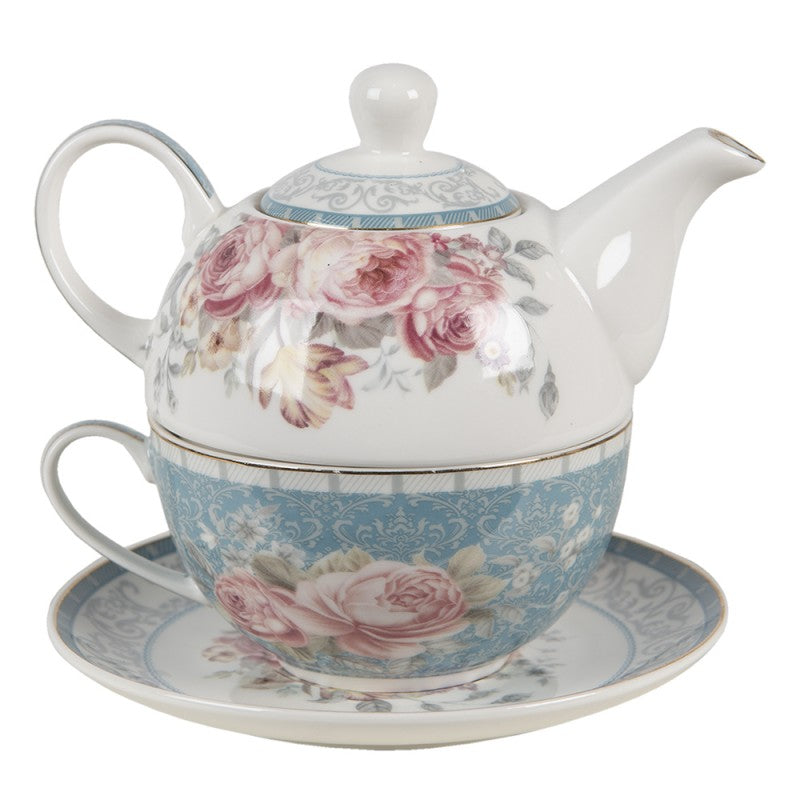 Clayre & Eef Classic Tea for One Blue Flowers Teapot Set  Tea for One 16*10*14 cm / 400 ml / 250 ml Blue  White Porcelain Flowers Teapot Set Tea Set