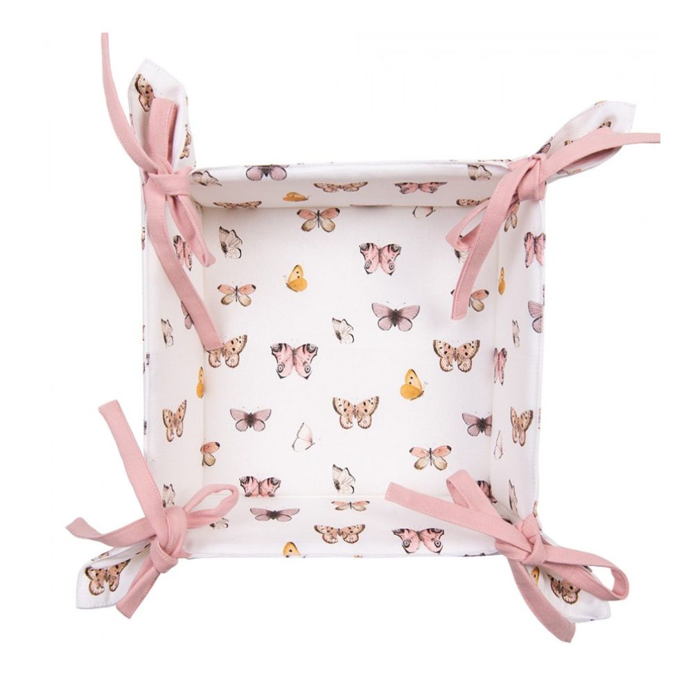 Clayre & Eef Country Style Bread Basket Beige Pink Cotton Butterflies Square  Beautiful, decorative, colourful, cotton bread basket, with a pattern of butterflies, in a romantic style. Bread Serving Basket