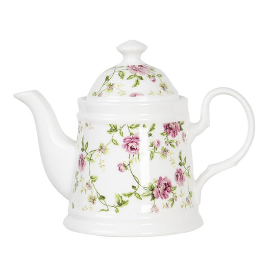 Clayre & Eef Classic Green Flowers  Japanese  Teapot with Infuser  Teapot with Infuser 600 ml  White, Green Porcelain Flowers Round Teapot Japanese Tea Set