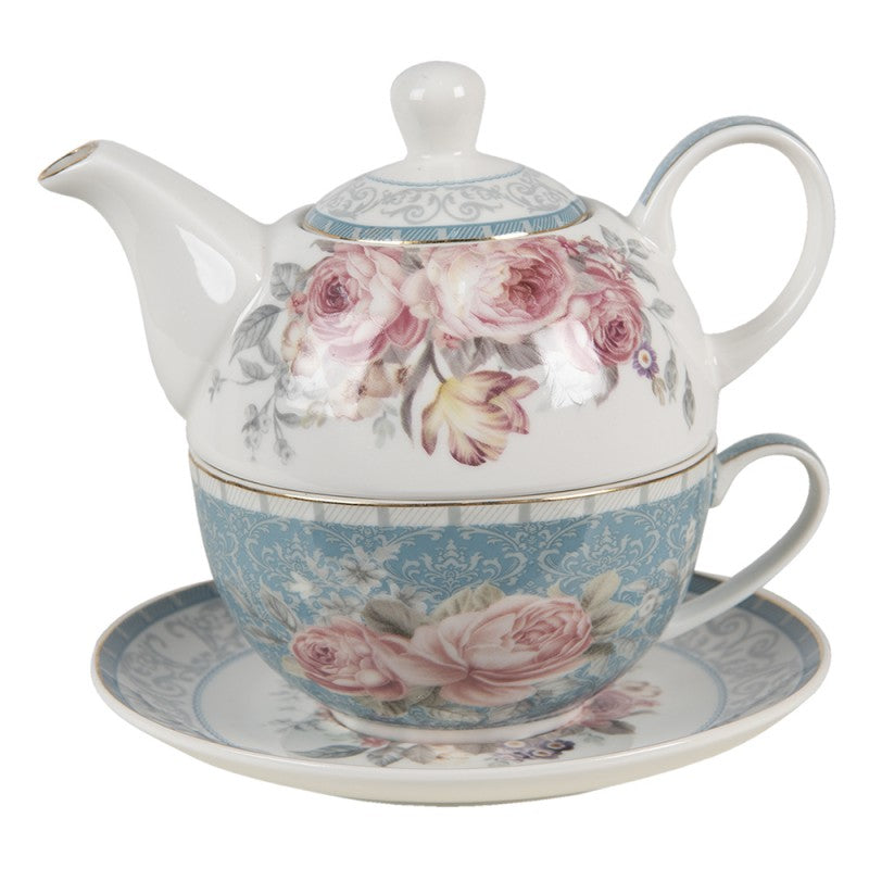 Clayre & Eef Classic Tea for One Blue Flowers Teapot Set  Tea for One 16*10*14 cm / 400 ml / 250 ml Blue  White Porcelain Flowers Teapot Set Tea Set