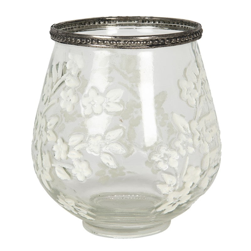 Clayre & Eef Country Style Flowers Glass Tea Light Holder  Glass Tea Light Holder Flowers Ø 12*13 cm  Transparent Glass Flowers Round Tealight Candle Holder