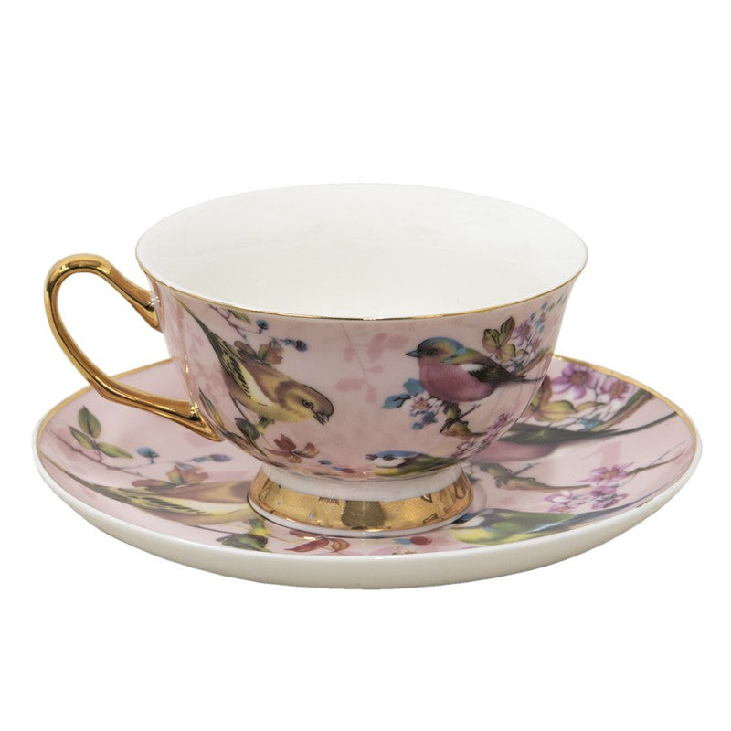 Clayre & Eef Country Style Pink Porcelain Bird Cup & Saucer  Colour: Pink Material: Porcelain
