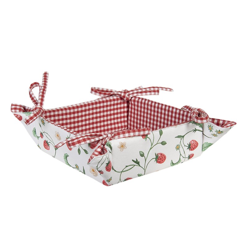 Clayre & Eef Country Style White Cotton Strawberries Square Bread Basket  White, Red, Green Cotton Strawberries Square Bread Serving Basket