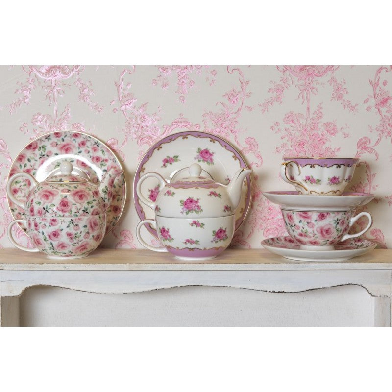 Clayre & Eef Country Style Porcelain Tea for One  White & Pink Porcelain Round Teapot Set Tea Set