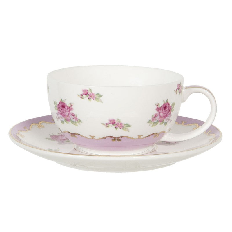 Clayre & Eef Country Style Porcelain Tea for One  White & Pink Porcelain Round Teapot Set Tea Set