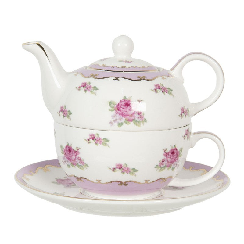 Clayre & Eef Country Style Porcelain Tea for One  White & Pink Porcelain Round Teapot Set Tea Set