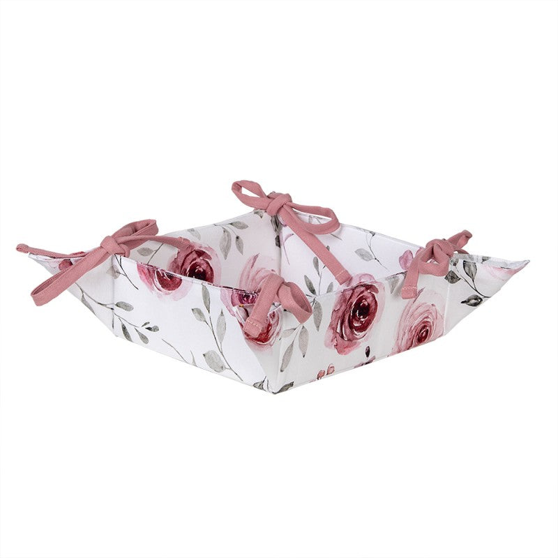 Clayre & Eef Country Style White Cotton Pink Roses Square Bread Basket  White, Pink Cotton Square Bread Serving Basket