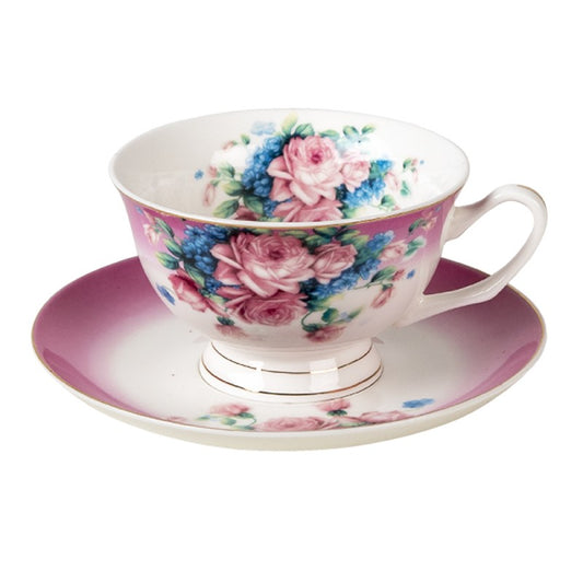 Clayre & Eef Romantic Purple Flowers Cup and Saucer  Cup and Saucer 200 ml  Violet Porcelain Flowers Round Tableware Set Coffee