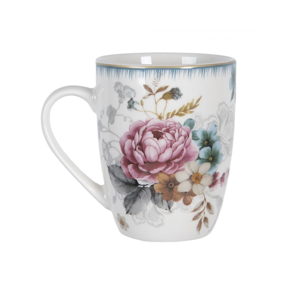 Clayre & Eef Crockery Coffee Tea Mug Romantic Flowers  White, Pink, Blue Porcelain Flowers Coffee Mug