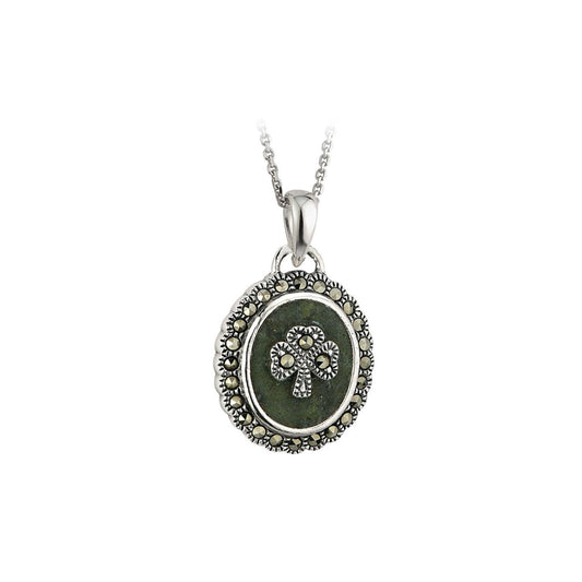 Connemara Marble Marcasite Shamrock Pendant  This beautiful sterling silver pendant is made from Connemara marble, a unique stone that dates back over 900 million years and is known as “Ireland’s gemstone”. All of our Connemara marble is truly authentic, coming from the Joyce family mine in Connemara, County Galway. 